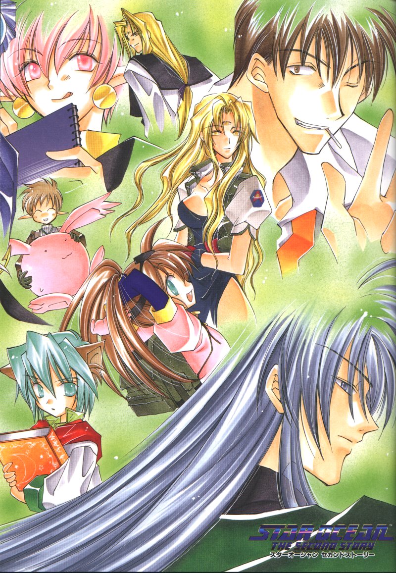 azuma mayumi, chisato madison, dias flac, ernest raviede, leon geeste, noel chandler, opera vectra, precis neumann, star ocean, star ocean: the second story, tagme, animal ears, backpack, bag, blonde hair, blue eyes, blue hair, book, bowman jeane, brown hair, closed eyes, earrings, jewelry, ponytail, randoseru, third eye, wink