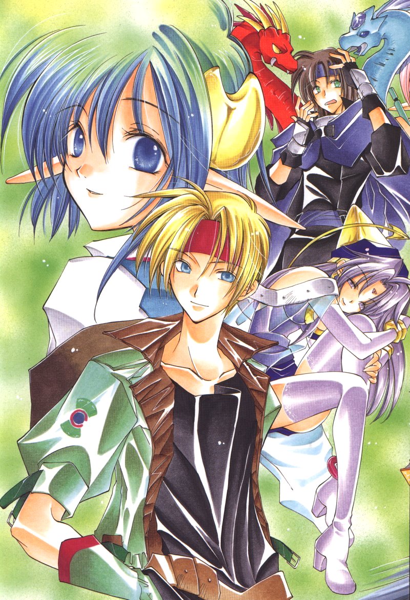 azuma mayumi, ashton anchors, celine jules, claude c. kenny, rena lanford, star ocean, star ocean: the second story, blonde hair, blue eyes, blue hair, brown hair, dragon, headband, pointy ears, purple eyes, purple hair, thighhighs