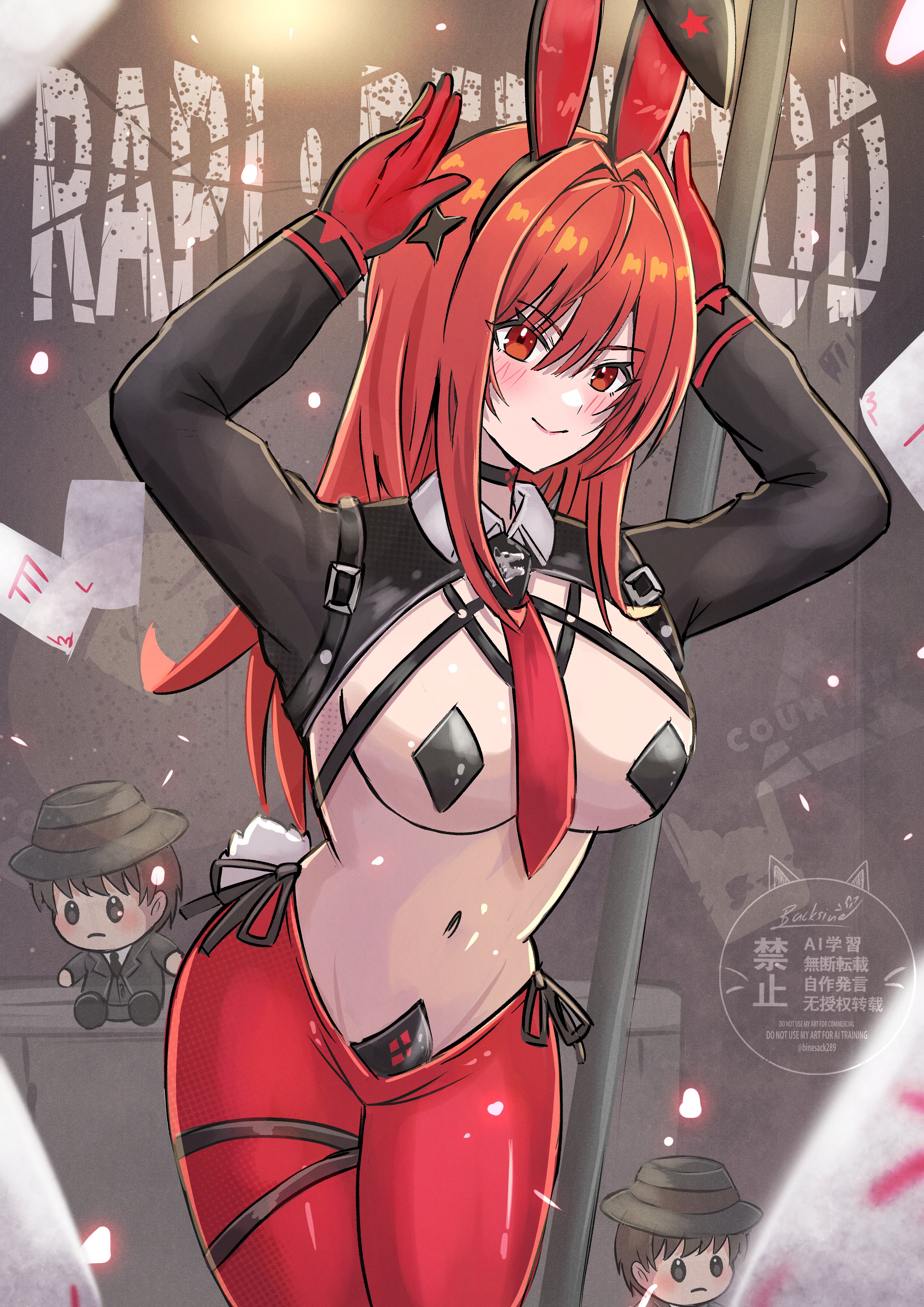 backsine, rapi (nikke), rapi (red hood) (nikke), goddess of victory: nikke, absurdres, highres, 1girl, alternate costume, animal ears, arms up, blush, breasts, buckle, character name, fake animal ears, gloves, large breasts, latex, long hair, looking at viewer, navel, pasties, red eyes, red hair, reverse bunnysuit, reverse outfit, smile