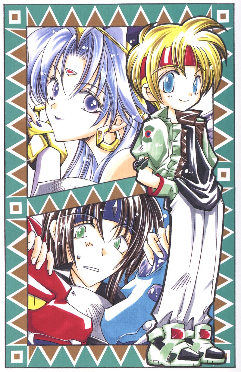 azuma mayumi, ashton anchors, celine jules, claude c. kenny, star ocean, star ocean: the second story, highres, blonde hair, blue eyes, brown hair, chibi, dragon, earrings, green eyes, headband, jewelry, lipstick, makeup