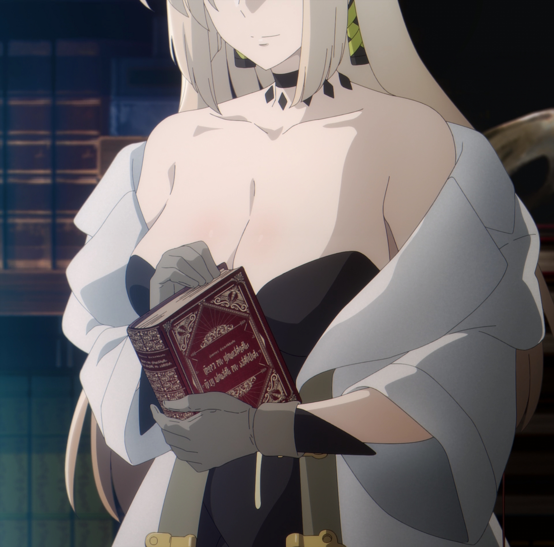 lorraine vivie, nozomanu fushi no boukensha, highres, stitched, third-party edit, 1girl, bare shoulders, breasts, choker, cleavage, collarbone, earrings, jewelry, large breasts, long hair, solo