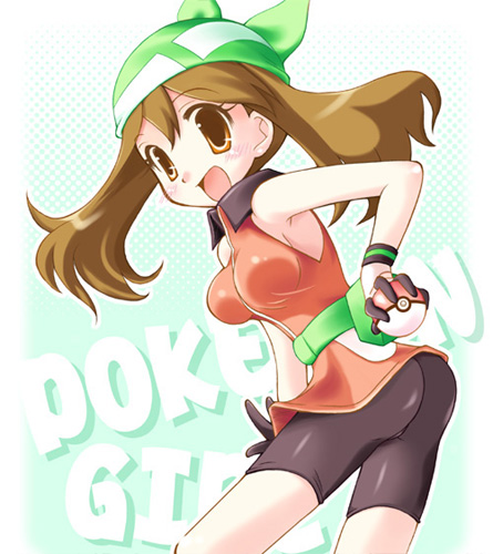 nagatu usagi, may (pokemon), may (pokemon emerald), nintendo, pokemon, pokemon rse, lowres, 00s, 1girl, alternate costume, ass, bandana, bike shorts, brown eyes, brown hair, copyright name, female focus, gloves, hat, holding, holding poke ball, latex, looking at viewer, poke ball, shorts, solo, spandex