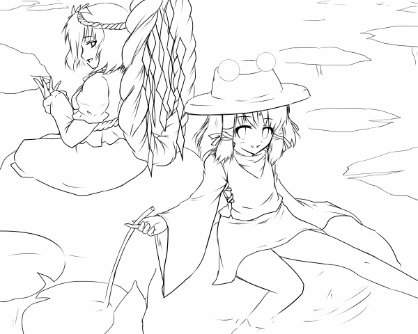 date hajime, moriya suwako, yasaka kanako, touhou, 2girls, dress, extra eyes, female focus, greyscale, hairband, lily pad, long sleeves, looking at viewer, monochrome, multiple girls, river, rock, rope, short hair, sitting, soaking feet, sweater, water