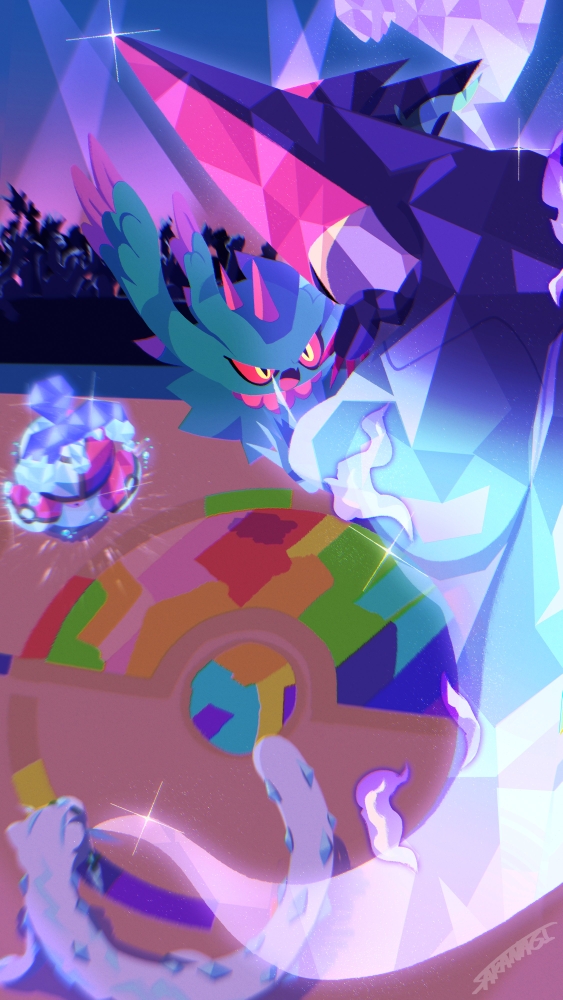 sakanagi (a r co), amoonguss, chien-pao, dragapult, flutter mane, nintendo, pokemon, pokemon sv, pokemon world championships, commentary, 6+others, colored sclera, crowd, fang, gen 5 pokemon, gen 8 pokemon, multiple others, open mouth, poke ball symbol, pokemon (creature), pokemon battle, pokemon focus, red sclera, skin fang, sparkle, terastallization, v-shaped eyes, yellow eyes