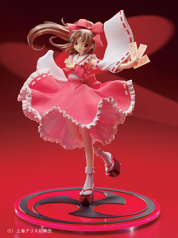 hakurei reimu, touhou, photo (medium), 1girl, female focus, figure, figure (medium), mitsudomoe (shape), okobo, platform sandals, ponytail, ribbon-trimmed skirt, ribbon trim, sandals, socks, solo, tomoe (symbol)