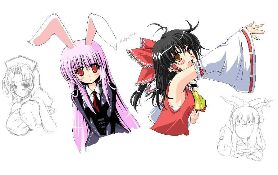 ayuhara hiiro, nanaki seiju, hakurei reimu, ibuki suika, reisen udongein inaba, yagokoro eirin, touhou, 4girls, :o, animal ears, black hair, blush, brown eyes, detached sleeves, female focus, long hair, long sleeves, looking at viewer, multiple girls, necktie, open mouth, rabbit ears, red necktie, ribbon-trimmed sleeves, ribbon trim, sidelocks, simple background, very long hair, white background