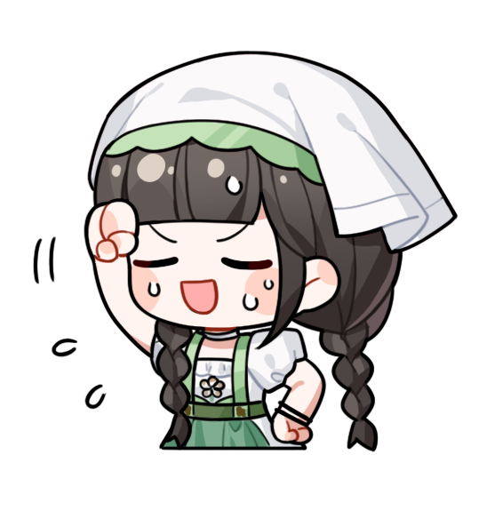 infinity nikki, nikki (series), artist request, official art, 1girl, apron, bare arms, belt, black hair, blunt bangs, bracelet, braid, choker, closed eyes, country lolita, cropped legs, dress, exhausted, flying sweatdrops, frilled dress, frills, green apron, green belt, hair half over shoulder, hand on own hip, happy, headscarf, jewelry, lolita fashion, low twin braids, motion lines, open mouth, puffy short sleeves, puffy sleeves, short sleeves, smile, solo, spring blossom (infinity nikki), sweat, transparent background, twin braids, white choker, white dress, white headscarf, wiping sweat