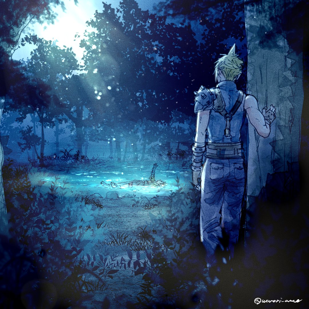 warori anne, cloud strife, tidus, dissidia final fantasy, final fantasy, final fantasy vii, final fantasy x, 2boys, armor, armored gloves, bandaged arm, bandages, belt, black pants, blonde hair, blue shirt, brown belt, fingerless gloves, forest, full body, gloves, looking at another, lying, male focus, multiple boys, nature, on back, outdoors, outstretched hand, pants, pauldrons, shirt, short hair, shoulder armor, single bare shoulder, single pauldron, sleeveless, sleeveless turtleneck, spiked hair, suspenders, turtleneck, twitter username