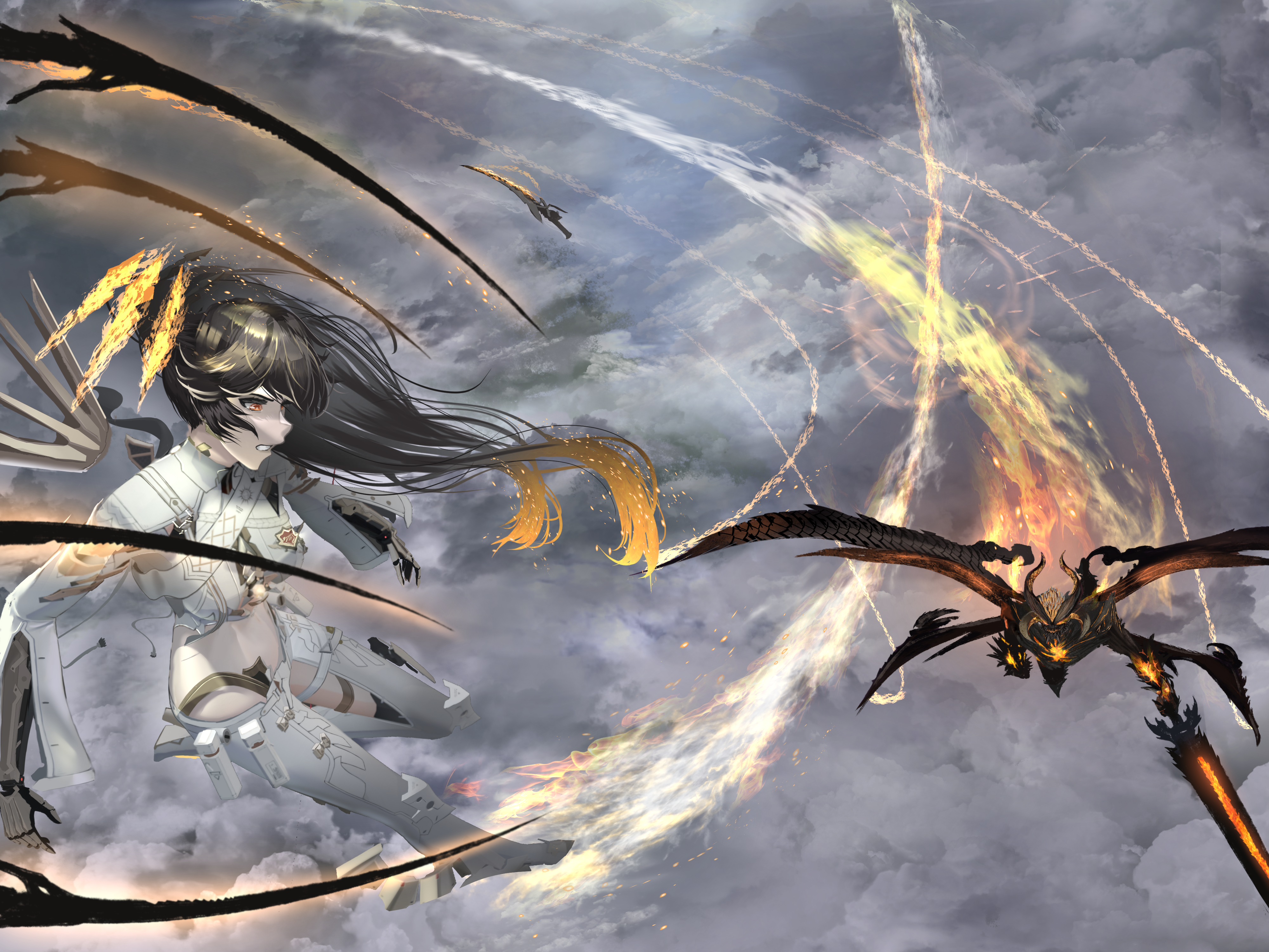 saif artz, dante (devil may cry), lucia: pyroath (pgr), lucia (pgr), devil may cry (series), devil may cry 5, punishing: gray raven, absurdres, highres, 1girl, black hair, cloud, cloudy sky, crossover, demon, demon horns, demon wings, devil sword dante, fighting, floating, floating object, floating sword, floating weapon, flying, horns, long hair, mechanical arms, multicolored hair, sin devil trigger, sky, sword, twintails, two-tone hair, weapon, wings
