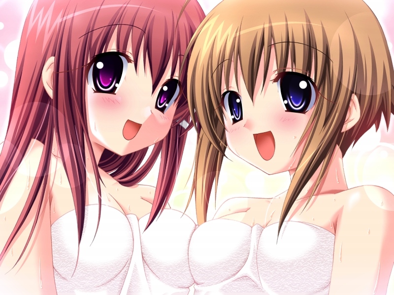 choco chip, fumitsuki hotaru, sakura komomo, atelier kaguya, school project, game cg, 2girls, blue eyes, blush, breasts, brown hair, cleavage, happy, impossible towel, medium breasts, multicolored eyes, multiple girls, naked towel, open mouth, purple eyes, red hair, towel, wet