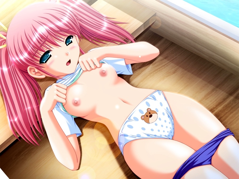 yameta takashi, fujisawa aoi, honoo no haramase jinsei, game cg, 1girl, animal print, bear panties, bear print, blush, boat, breasts, buruma, buruma pull, clothes pull, female focus, green eyes, lying, navel, nipples, panties, pink hair, print panties, rowboat, small breasts, solo, twintails, underwear, watercraft