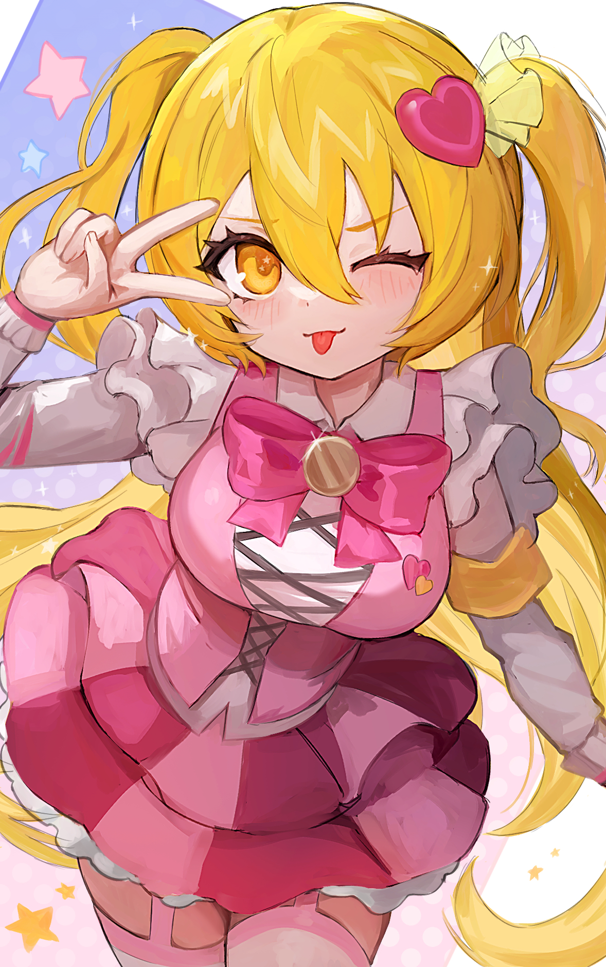 ro/ku, don quixote (project moon), limbus company, project moon, commentary request, highres, 1girl, :3, :p, blonde hair, bow, bowtie, breasts, cowboy shot, e.g.o (project moon), in the name of love and hate (e.g.o), lobotomy corporation (identity) (project moon), long hair, looking at viewer, one eye closed, pink bow, pink bowtie, pink skirt, pink vest, pleated skirt, simple background, skirt, solo, sparkling eyes, tongue, tongue out, two side up, very long hair, vest, white background