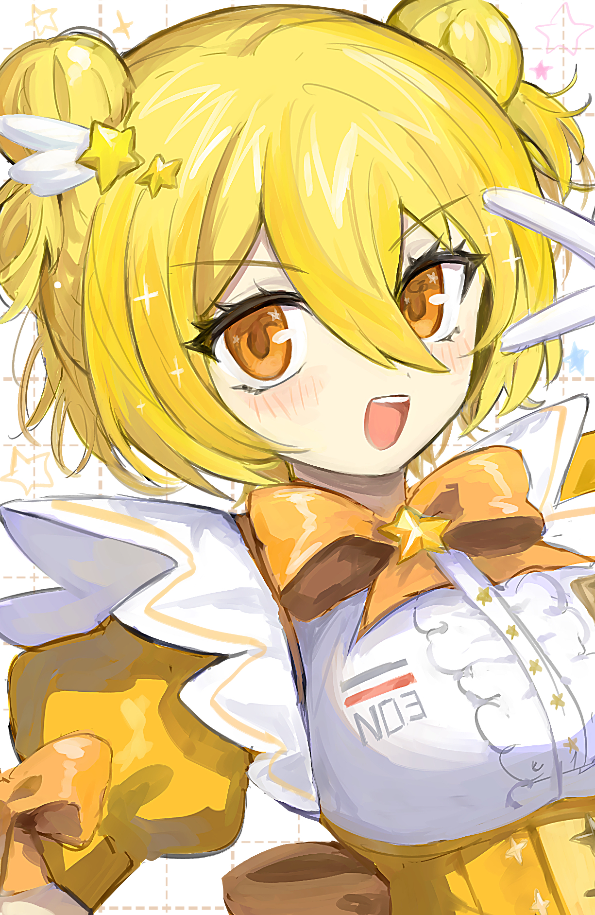 ro/ku, don quixote (project moon), limbus company, project moon, commentary request, highres, 1girl, :d, alternate costume, blonde hair, blush, bob cut, bow, bowtie, center frills, dot nose, double bun, frills, grid background, hair between eyes, hair bun, hair ornament, lace trim, looking at viewer, open mouth, orange bow, orange bowtie, orange eyes, puffy short sleeves, puffy sleeves, short hair, short sleeves, simple background, smile, solo, sparkle, star (symbol), star hair ornament, star in eye, symbol in eye, teeth, upper body, upper teeth only, v, v over eye, white background