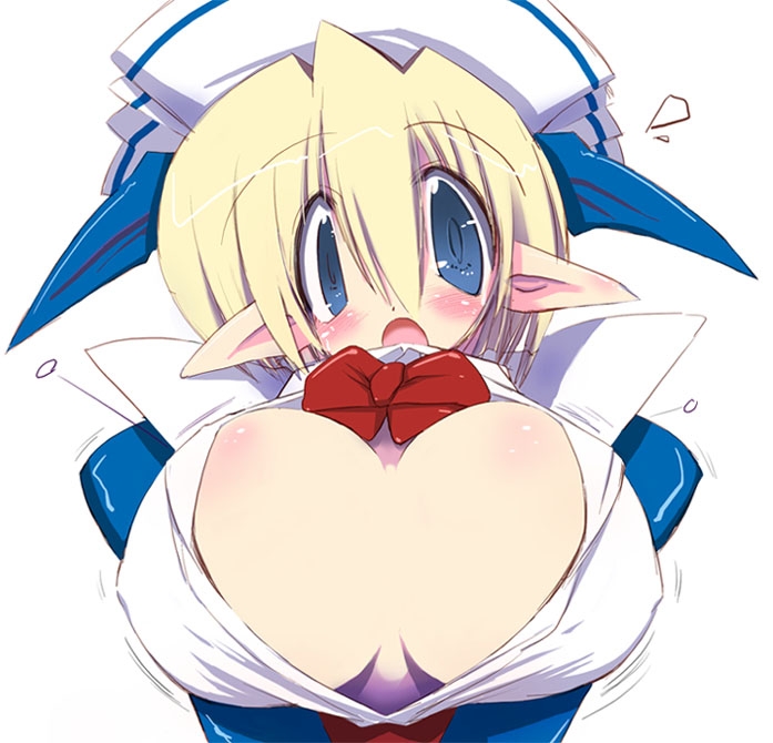 sakaki (noi-gren), 1girl, blonde hair, blue eyes, blush, bow, breasts, bursting breasts, elf, female focus, huge breasts, no bra, pointy ears, popped button, solo, surprised, sweat, wardrobe malfunction