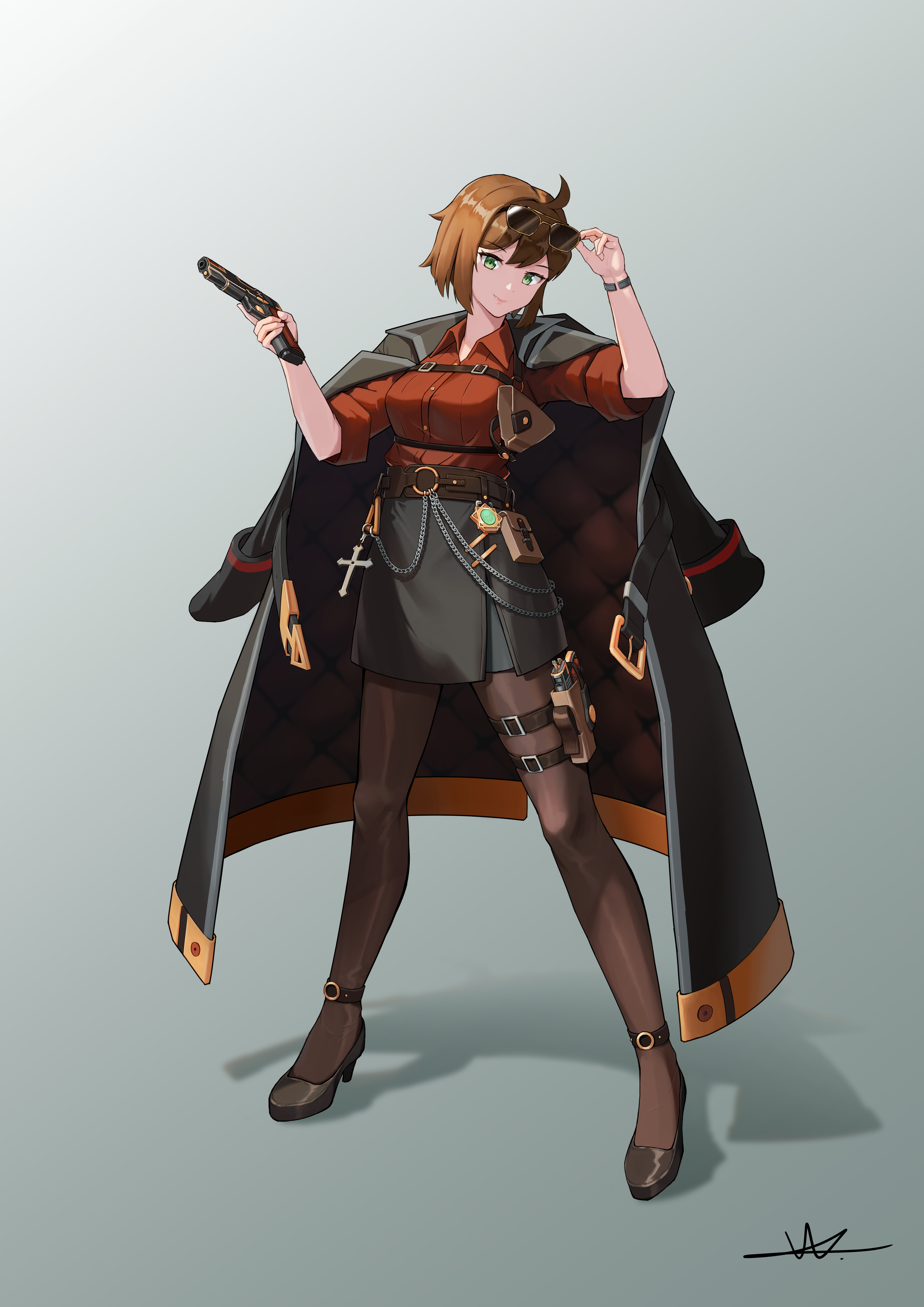 shuni valentine, original, absurdres, commentary, english commentary, highres, 1girl, arm up, black jacket, black skirt, brown-framed eyewear, brown hair, brown pantyhose, brown shoes, collared shirt, dress shirt, eyewear on head, full body, green eyes, grey background, gun, hand up, handgun, high heels, holding, holding gun, holding weapon, jacket, jacket on shoulders, long sleeves, m1911, pantyhose, red shirt, shadow, shirt, shoes, short sleeves, signature, skirt, solo, sunglasses, weapon