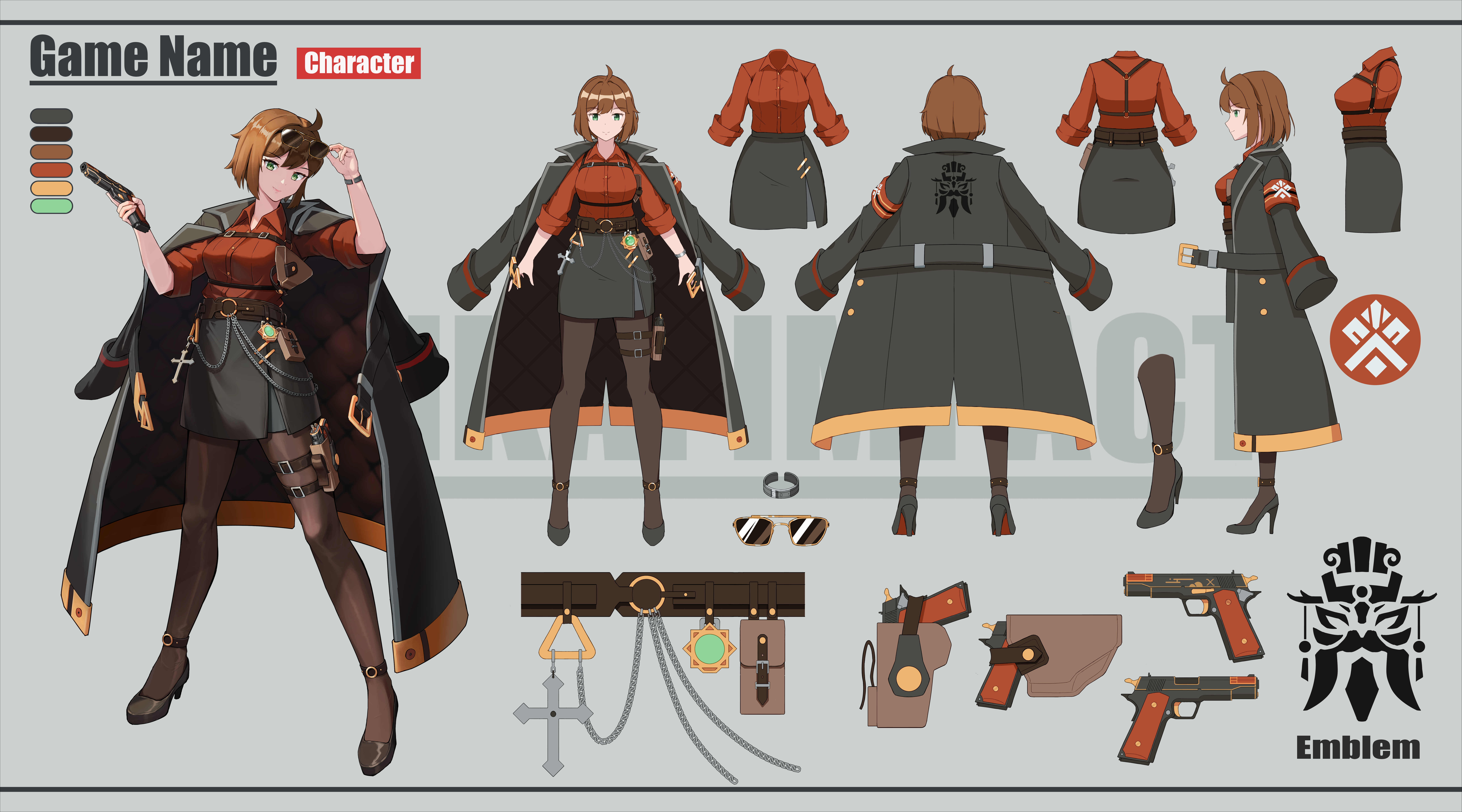 shuni valentine, original, absurdres, highres, 1girl, arm up, black jacket, black skirt, brown-framed eyewear, brown hair, brown pantyhose, brown shoes, collared shirt, color guide, dress shirt, eyewear on head, green eyes, grey background, gun, hand up, handgun, high heels, holding, holding gun, holding weapon, jacket, jacket on shoulders, long sleeves, m1911, multiple views, pantyhose, red shirt, reference sheet, shadow, shirt, shoes, short sleeves, signature, skirt, sunglasses, weapon