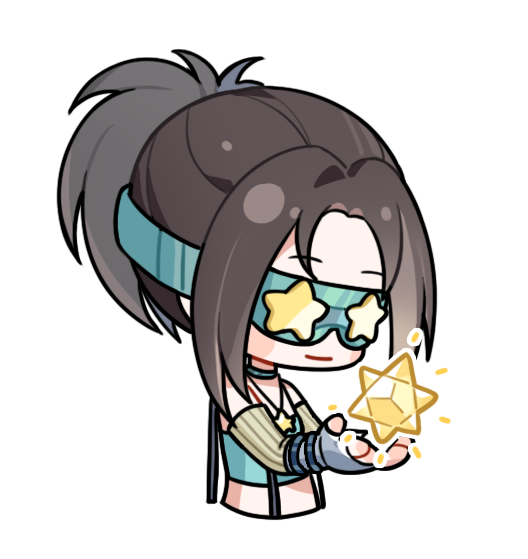 infinity nikki, nikki (series), artist request, official art, 1girl, aqua-framed eyewear, aqua choker, aqua tube top, bare shoulders, black hair, bracelet, brown sleeves, choker, cropped torso, detached sleeves, fingerless gloves, gloves, glowing, goggles, grey gloves, happy, holding, jewelry, looking at object, necklace, ponytail, short hair with long locks, solo, star-shaped eyewear, star (sky), star (symbol), star memory (infinity nikki), star necklace, strapless, suspenders, transparent background, tube top, vertical-striped sleeves