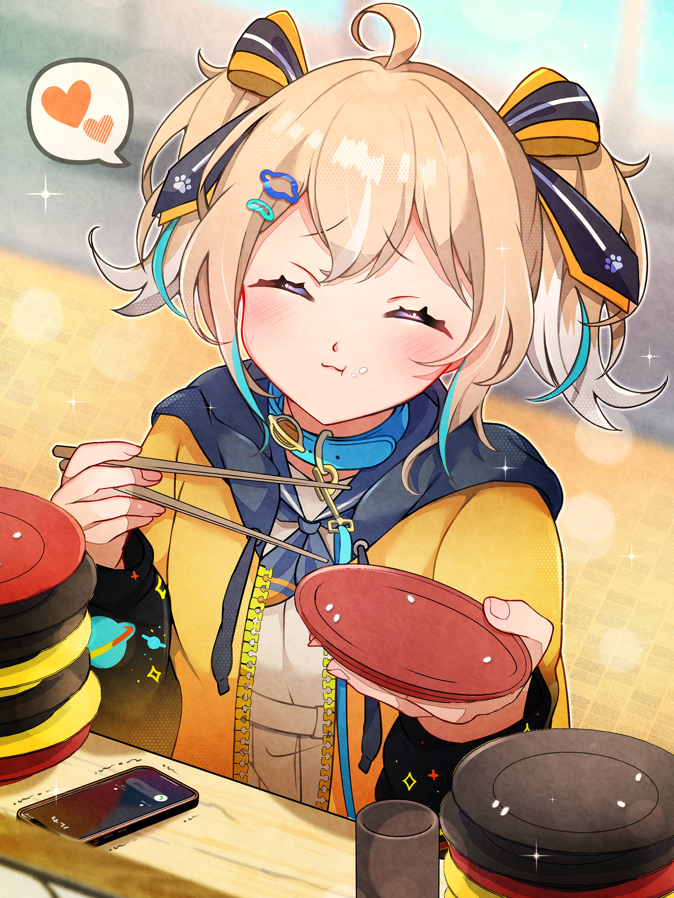 satsuki (pixiv 742410), appare hinata, weather planet, absurdres, commentary request, highres, revision, 1girl, ahoge, belt, belt collar, blonde hair, blue collar, blush, cellphone, chopsticks, closed eyes, closed mouth, collar, eating, hair ribbon, heart, holding, holding chopsticks, holding plate, jacket, phone, plate, ribbon, shirt, skirt, smartphone, smile, solo, speech bubble, spoken heart, striped ribbon, upper body, virtual youtuber, white belt, white shirt, white skirt, yellow jacket