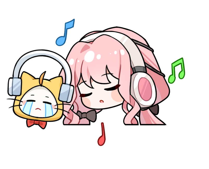 momo (nikki), nikki (nikki), infinity nikki, nikki (series), artist request, official art, 1girl, ahoge, animal, black bow, black ribbon, blush stickers, bow, bowtie, cat, closed eyes, closed mouth, clothed animal, crying, ear covers, expressionless, frown, hair bow, hair intakes, hair ribbon, head only, headphones, heads together, hood, hood up, listening to music, long hair, low twintails, musical note, parted lips, pink hair, red bow, red bowtie, ribbon, sad, sidelocks, streaming tears, tears, traditional bowtie, transparent background, tress ribbon, twintails, wavy hair, whiskers, white cat, yellow hood