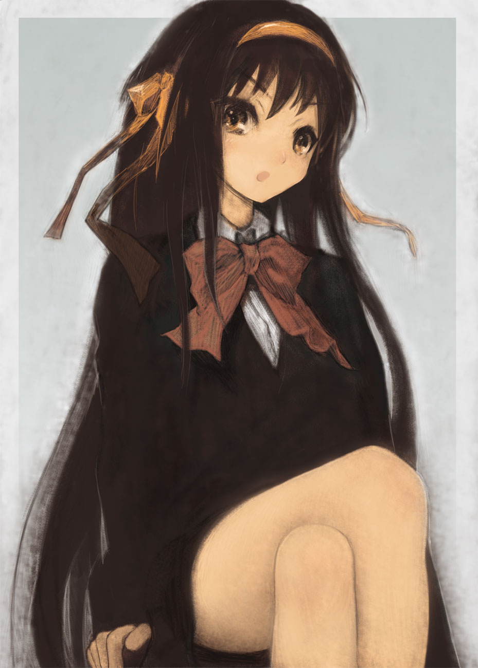 madokan suzuki, suzumiya haruhi, suzumiya haruhi no shoushitsu, suzumiya haruhi no yuuutsu, highres, 00s, 10s, 1girl, :o, alternate costume, alternate hairstyle, black hair, blazer, bow, brown eyes, brown hair, crossed legs, female focus, hair ribbon, hairband, jacket, kouyouen academy school uniform, legs, long hair, looking at viewer, official alternate hair length, official alternate hairstyle, open mouth, ribbon, school uniform, sitting, sketch, solo, very long hair