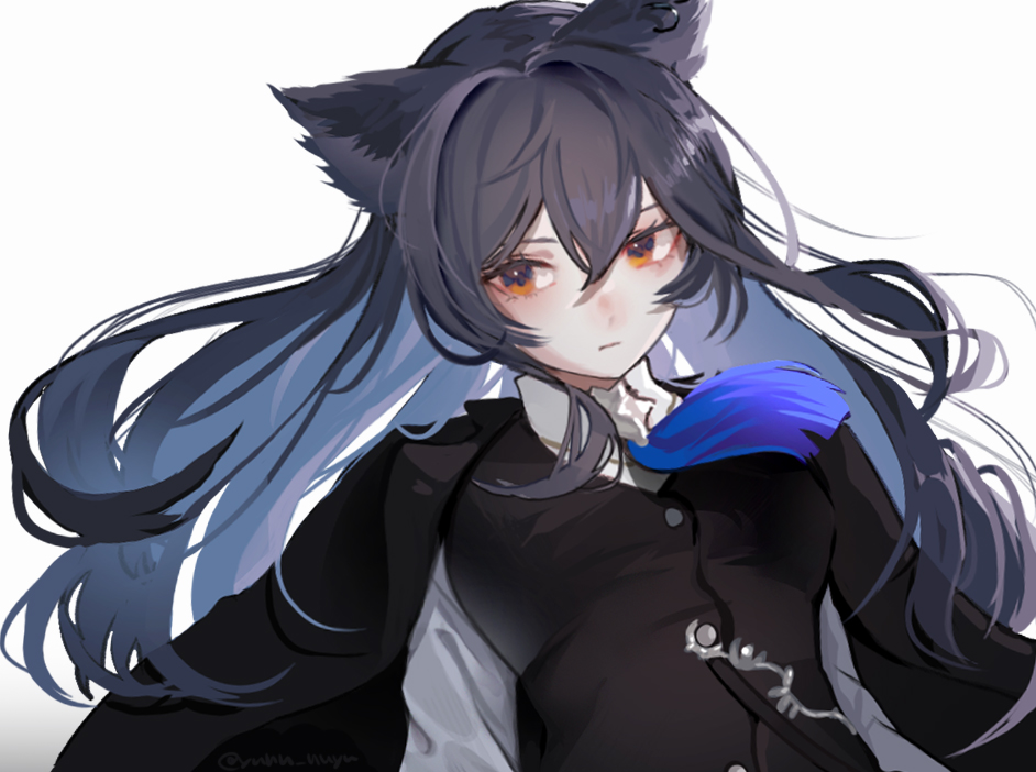 yunu nuyu, texas (arknights), texas the omertosa (arknights), arknights, commentary, 1girl, animal ears, black hair, black jacket, black vest, closed mouth, collared shirt, colored inner hair, grey hair, hair between eyes, jacket, jacket on shoulders, long hair, multicolored hair, official alternate costume, shirt, solo, upper body, vest, white background, white shirt, wolf ears, wolf girl, yellow eyes