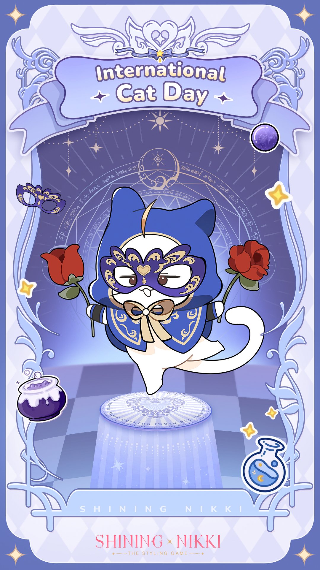 momo (nikki), balala the fairies, nikki (series), shining nikki, artist request, commentary, english commentary, highres, official art, second-party source, animal, animal focus, blue background, blue cloak, blue mask, blue theme, brooch, checkered floor, cloak, clothed animal, copyright name, cosplay, ear covers, english text, eye mask, flower, happy, heart, holding, holding flower, hood, hood up, hooded cloak, jewelry, leg up, logo, mask, masquerade mask, neck ribbon, no humans, official alternate costume, open mouth, outstretched arms, picture frame, red flower, red rose, ribbon, rose, smile, sparkle, stage, vase, whiskers, yellow ribbon, youle, youle (cosplay)