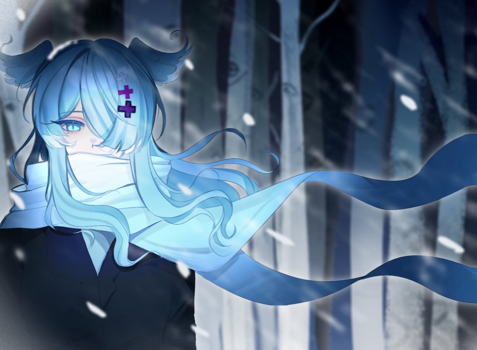 elira pendora, nijisanji, nijisanji en, highres, 1girl, aqua eyes, blue hair, blue scarf, floating hair, floating scarf, forest, hair over one eye, head wings, majiang 4869, nature, scarf, scarf over mouth, snowing, solo, virtual youtuber, wings