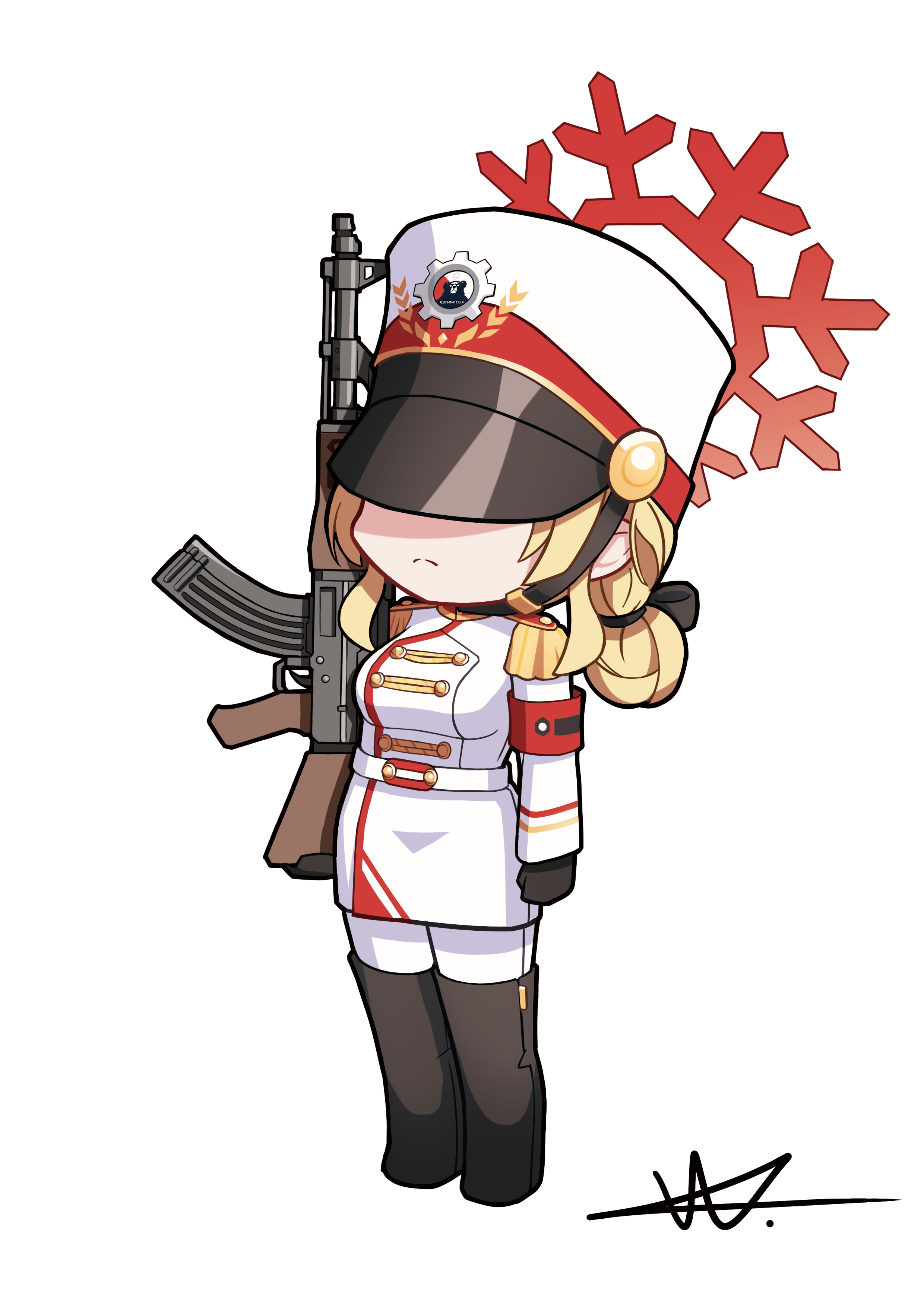 shuni valentine, red winter guard (blue archive), blue archive, absurdres, commentary, english commentary, highres, 1girl, ak-47, armband, assault rifle, black boots, black gloves, blonde hair, boots, chibi, closed mouth, full body, fur hat, gloves, gun, hair bun, halo, hat, holding, holding gun, holding weapon, jacket, kalashnikov rifle, long sleeves, pantyhose, rifle, signature, simple background, skirt, snowflakes, solo, standing, thigh boots, weapon, white background, white hat, white jacket, white pantyhose, white skirt
