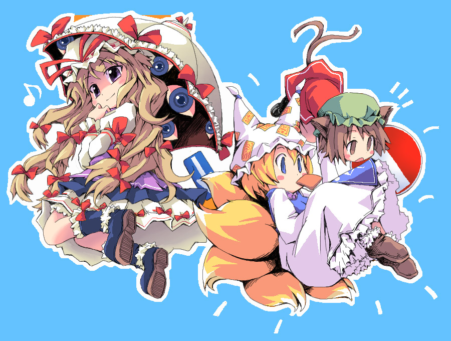 ham (points), chen, yakumo ran, yakumo yukari, touhou, 3girls, animal ears, animal hat, blonde hair, blue background, blue eyes, blush, bow, brown eyes, brown hair, cat ears, cat girl, cat tail, dress, female focus, fox tail, hair ribbon, hat, loli, long hair, long sleeves, mob cap, mouth hold, multiple girls, multiple tails, ribbon, shoes, short hair, smile, tail, tassel, umbrella
