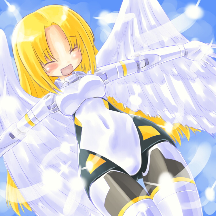 dd (ijigendd), arnval, busou shinki, bad id, bad pixiv id, 10s, 1girl, angel wings, blonde hair, blush, breasts, closed eyes, doll joints, female focus, happy, joints, long hair, solo, wings