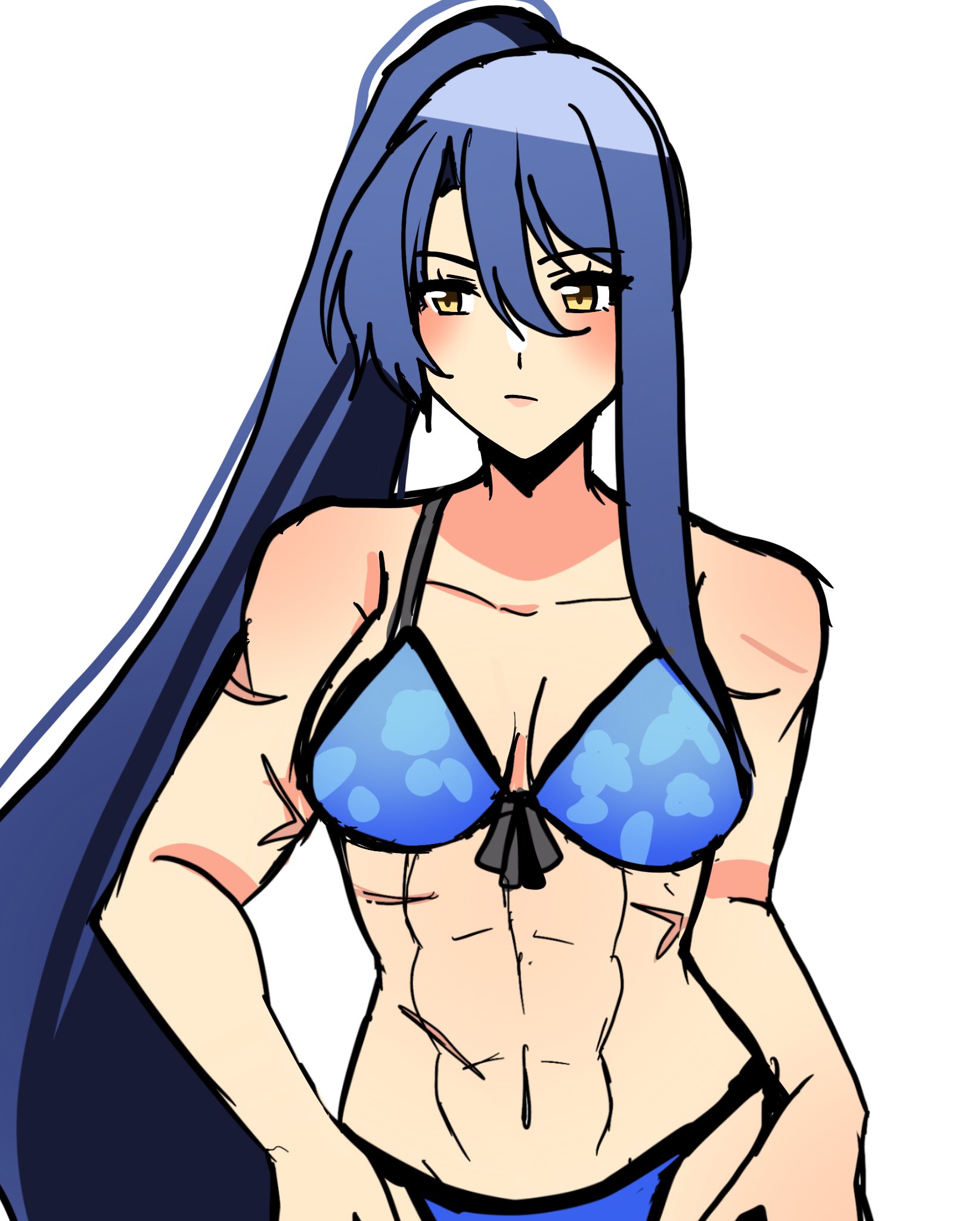 aegis asu, laura s. arseid, eiyuu densetsu, hajimari no kiseki, sen no kiseki, sen no kiseki (series), sen no kiseki iv, commentary, commission, english commentary, highres, ko-fi commission, second-party source, 1girl, bikini, blue bikini, blue hair, double-parted bangs, front-tie bikini top, front-tie top, hair between eyes, long hair, long single sidelock, muscular, muscular female, navel, ponytail, scar, scar on arm, scar on stomach, simple background, solo, stomach, swimsuit, upper body, very long hair, white background