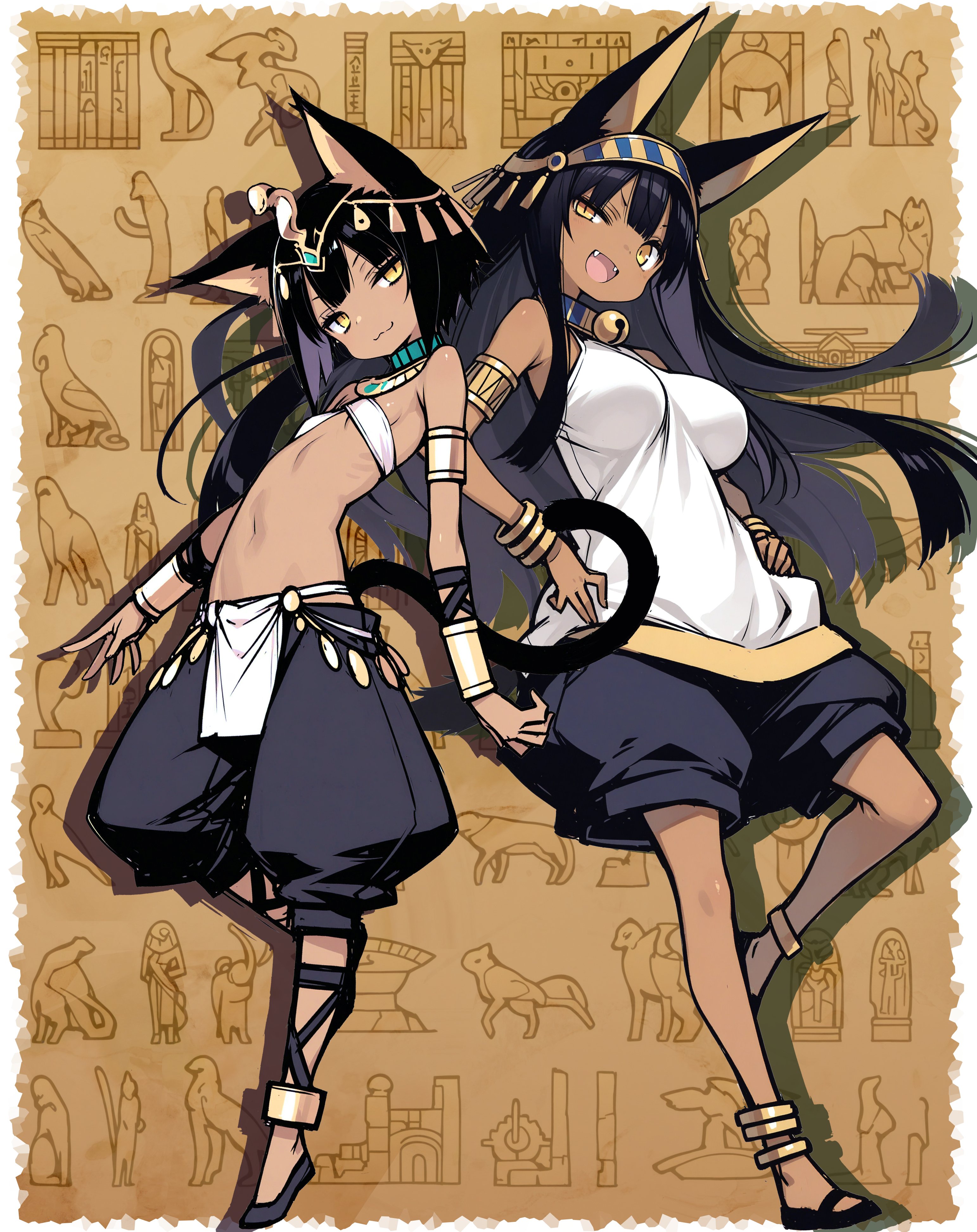 inu majin, absurdres, highres, 2girls, ancient egyptian, ancient egyptian clothes, animal ears, bare shoulders, black hair, black pants, breasts, dark-skinned female, dark skin, full body, large breasts, long hair, multiple girls, pants, shorts, small breasts, standing, stomach, very long hair, yellow eyes