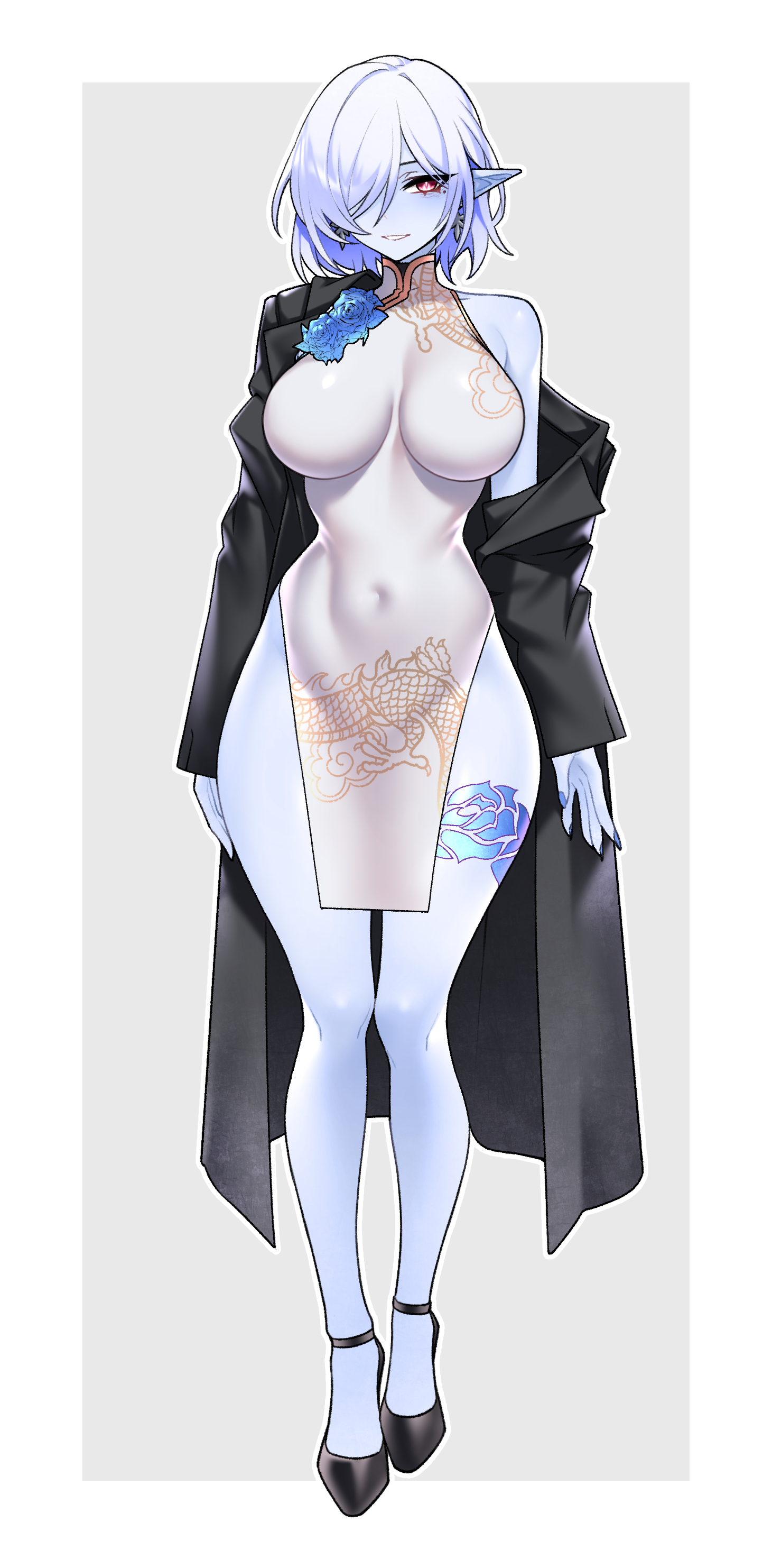 dogs (dlrkdejr26), original, absurdres, commission, highres, large variant set, variant set, 1girl, black jacket, black shoes, blue skin, borrowed character, breasts, china dress, chinese clothes, colored skin, covered navel, dress, earrings, flower tattoo, full body, hair over one eye, high heels, impossible clothes, impossible dress, jacket, jewelry, large breasts, leg tattoo, lips, looking at viewer, open mouth, pink eyes, pointy ears, purple hair, shoes, short hair, smile, solo, stiletto heels, tattoo, white dress, wide hips