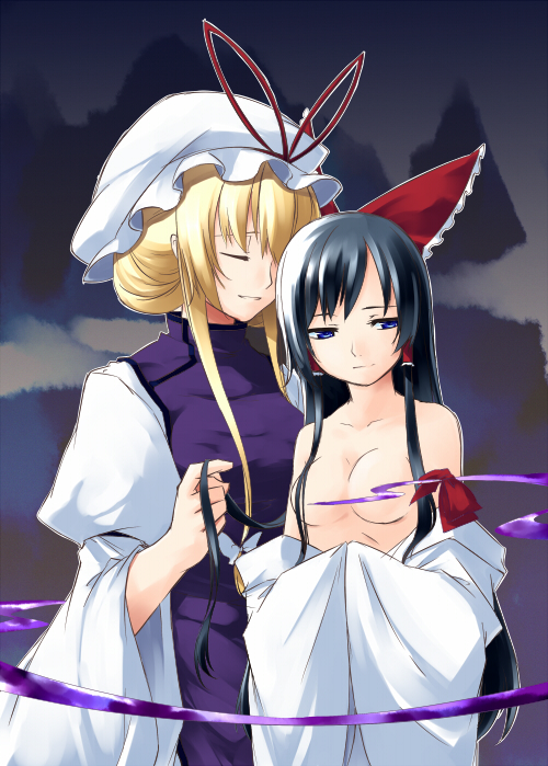 sakuraba yuuki, hakurei reimu, yakumo yukari, touhou, 2girls, black hair, blonde hair, blue eyes, censored, closed eyes, convenient censoring, female focus, gap (touhou), hair up, long hair, multiple girls, ribbon, topless female, yuri