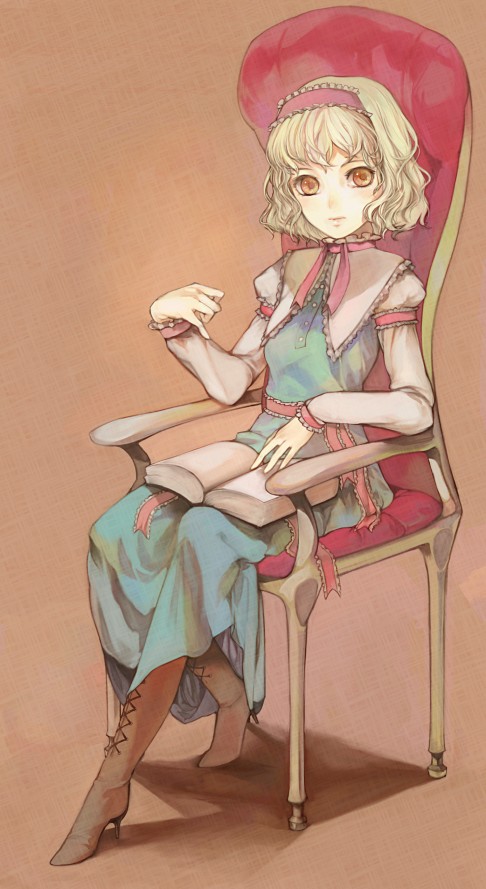 xero, alice margatroid, touhou, 1girl, blonde hair, book, boots, chair, female focus, full body, high heels, on chair, shoes, sitting, solo