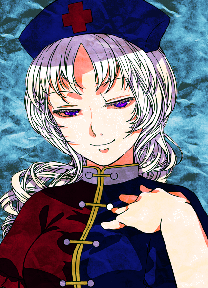 xero, yagokoro eirin, touhou, silver hair, 1girl, female focus, half-closed eyes, hand on own chest, hat, long hair, looking at viewer, nurse cap, puffy short sleeves, puffy sleeves, purple eyes, shaded face, short sleeves, solo, transparent background, upper body