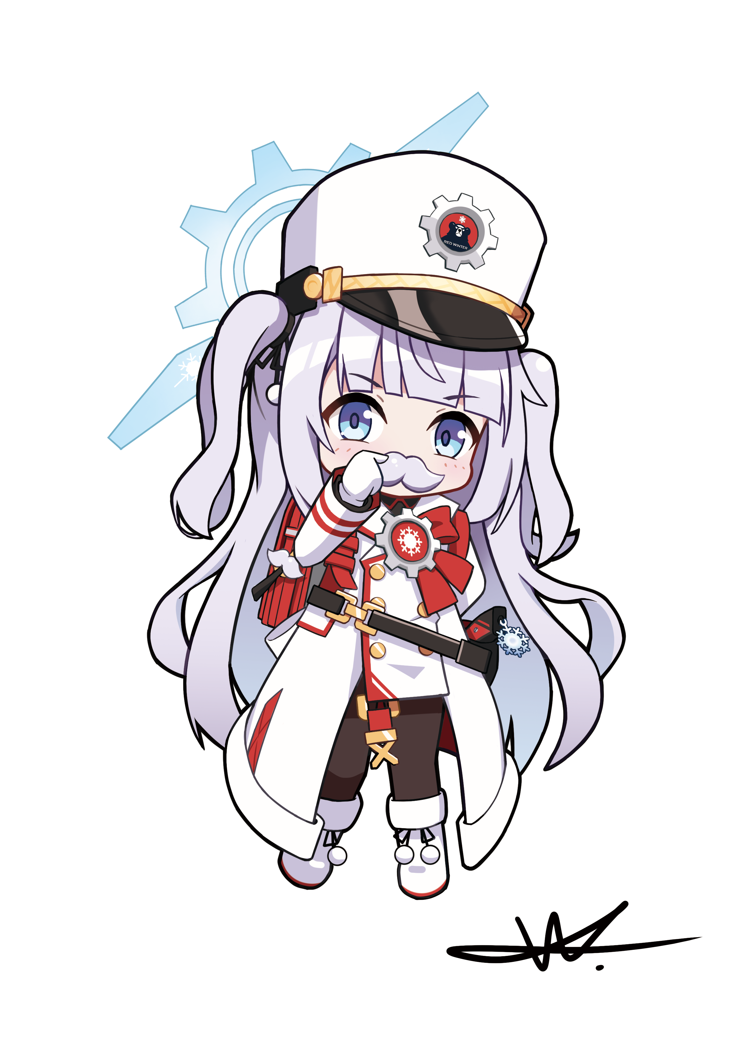 shuni valentine, cherino (blue archive), blue archive, absurdres, commentary, highres, 1girl, black pantyhose, black shirt, boots, chibi, coat, collared shirt, fake facial hair, fake mustache, full body, gloves, grey hair, halo, hand up, hat, long hair, long sleeves, looking at viewer, pantyhose, shako cap, shirt, signature, simple background, solo, two side up, very long hair, white background, white boots, white coat, white gloves, white hat