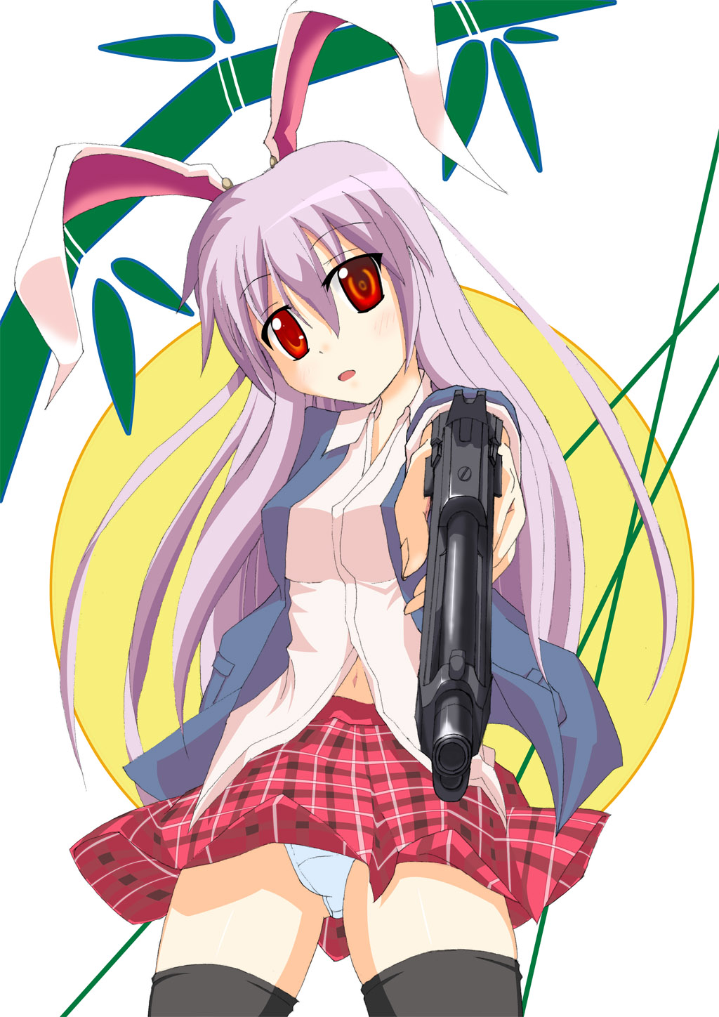 tennin, reisen udongein inaba, touhou, highres, 1girl, animal ears, beretta 92, female focus, gun, handgun, long hair, panties, pistol, plant, purple hair, rabbit ears, skirt, solo, thighhighs, underwear, weapon, white background