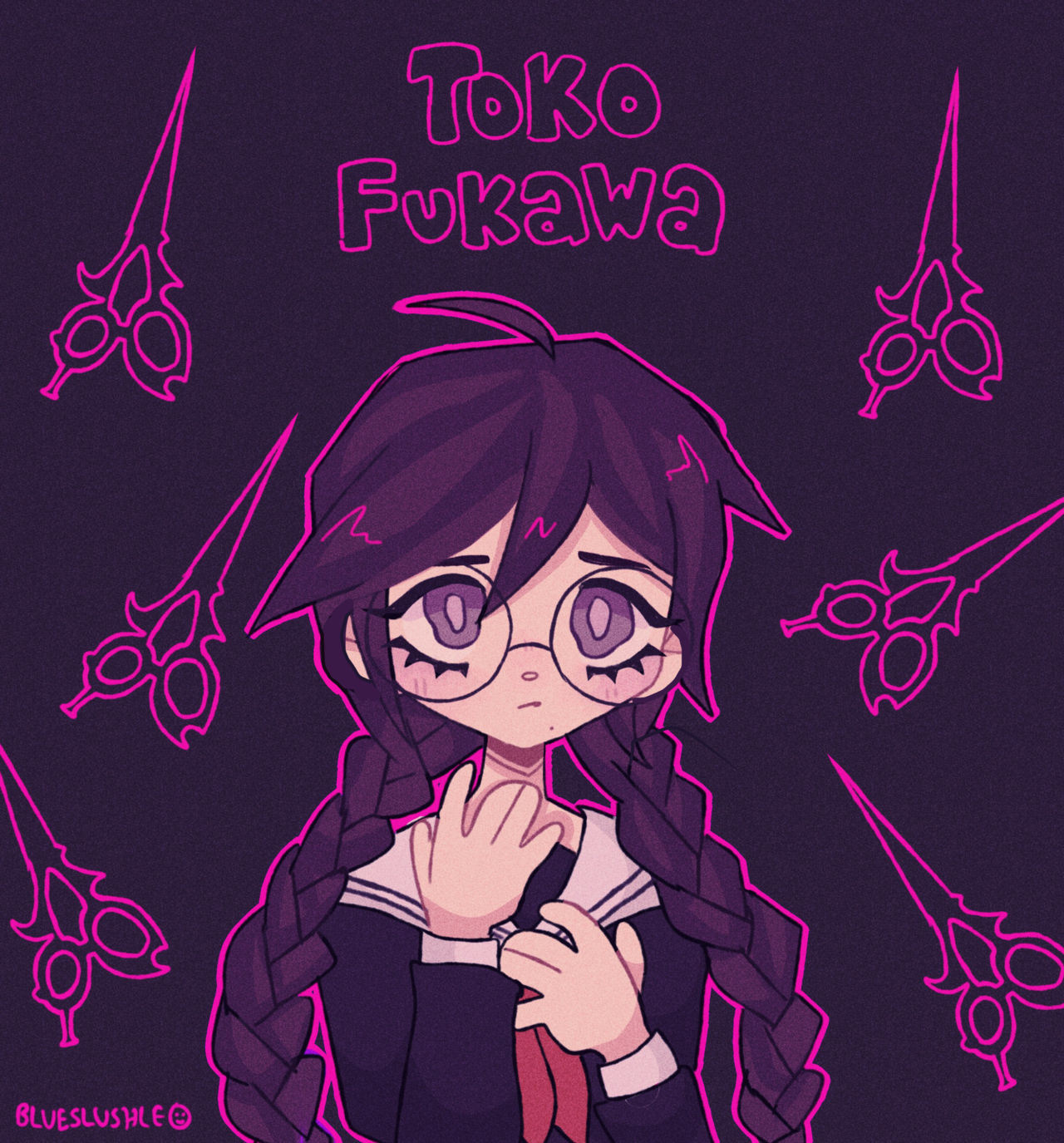 jade (blueslushle), fukawa toko, danganronpa: trigger happy havoc, danganronpa (series), highres, 1girl, ahoge, artist name, blush, braid, character name, closed mouth, collared shirt, eyelashes, glasses, long hair, long sleeves, mole, mole under mouth, neckerchief, outline, pink outline, purple background, purple eyes, purple hair, purple pupils, purple shirt, red neckerchief, round eyewear, sailor collar, scissors, shirt, solo, twin braids, twintails, upper body, white sailor collar