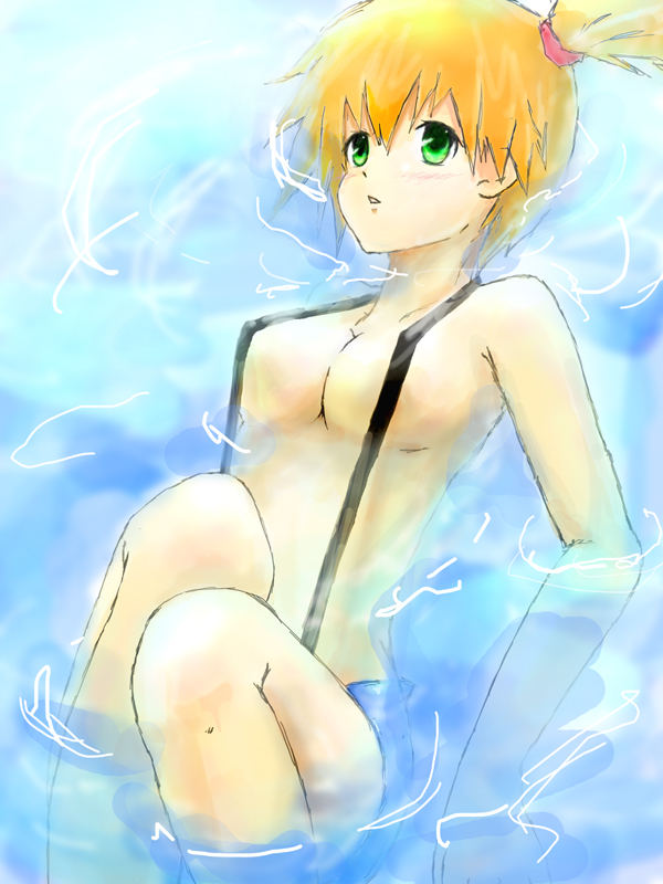 ash4ks3, misty (pokemon), nintendo, pokemon, pokemon: the electric tale of pikachu, bad id, bad pixiv id, 1girl, armpits, bare shoulders, blue eyes, blush, breasts, bursting breasts, censored, cleavage, convenient censoring, covered erect nipples, covering breasts, covering privates, crop top, curvy, denim, denim shorts, female focus, grabbing another's breast, green eyes, groping, gym leader, hip focus, huge breasts, large breasts, legs, midriff, naked suspenders, nipples, open mouth, orange hair, panties, pantyshot, ponytail, red hair, short hair, short shorts, shorts, side ponytail, sideboob, slingshot swimsuit, solo, striped clothes, striped panties, suspenders, sweat, swimsuit, teasing, tight clothes, underwear, unzipped, water, wet, wide hips, worried