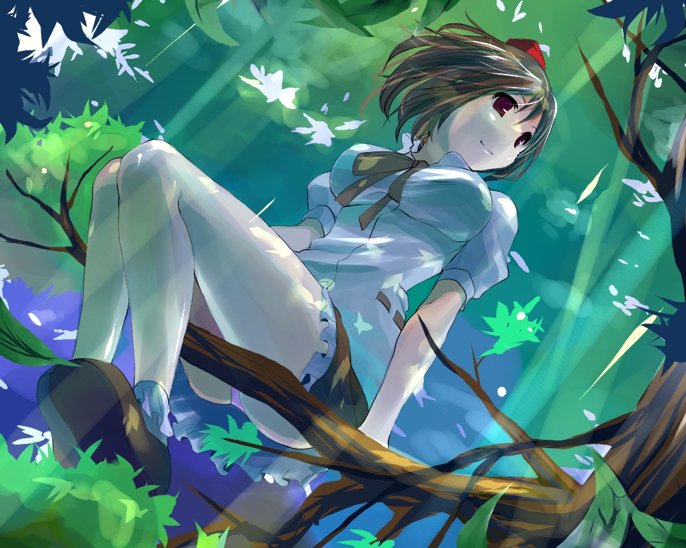 kobanzame, shameimaru aya, touhou, looking away, bad id, bad pixiv id, 1girl, bare legs, black hair, breasts, brown hair, dutch angle, female focus, forest, hat, impossible clothes, impossible shirt, in tree, large breasts, light rays, nature, panties, pantyshot, red eyes, ribbon, shirt, short hair, sitting, sitting in tree, skirt, smile, solo, sunbeam, sunlight, tree, underwear, upskirt