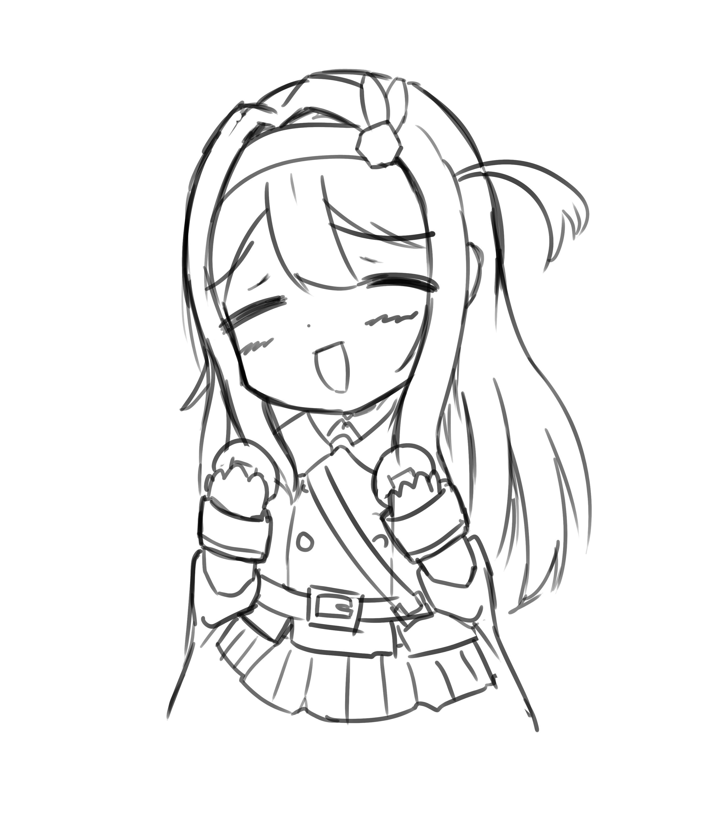 shuni valentine, suomi (girls' frontline), girls' frontline, absurdres, commentary, highres, 1girl, :d, ^ ^, blush, closed eyes, collared shirt, food, greyscale, hair between eyes, hairband, hands up, holding, holding food, jacket, long hair, long sleeves, monochrome, one side up, open mouth, pleated skirt, shirt, simple background, sketch, skirt, sleeves past wrists, smile, solo, very long hair, white background