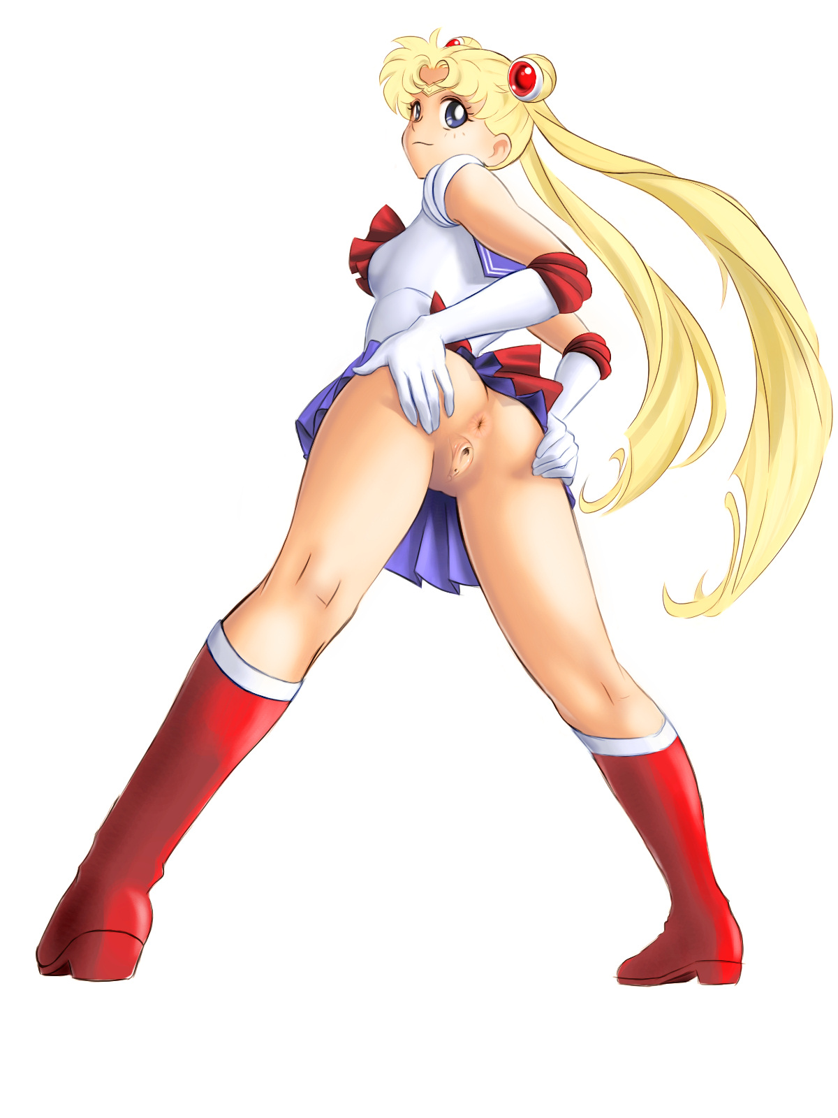 utilizator, sailor moon, tsukino usagi, bishoujo senshi sailor moon, bad tag, highres, 1girl, anus, ass, blonde hair, blue eyes, boots, clitoris, long hair, magical girl, no panties, pussy, school uniform, serafuku, solo, spread pussy, twintails, uncensored, upskirt, very long hair