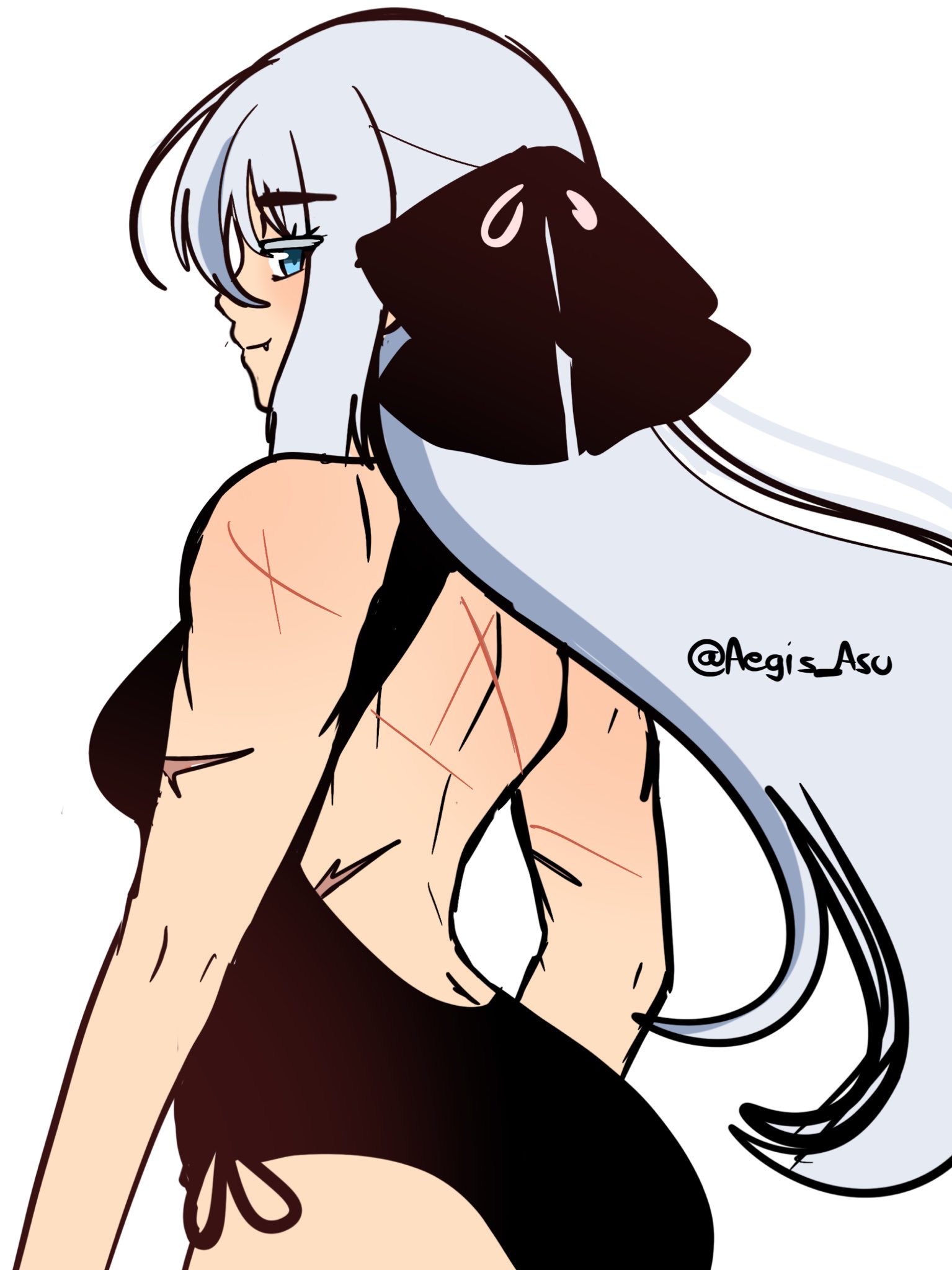 aegis asu, shizuna rem misurugi, eiyuu densetsu, kuro no kiseki (series), commentary, english commentary, highres, 1girl, backless swimsuit, bare back, black one-piece swimsuit, blue eyes, floating hair, from behind, long hair, looking at viewer, one-piece swimsuit, scar, scar on arm, scar on back, sidelocks, simple background, solo, swimsuit, twitter username, upper body, white background, white hair