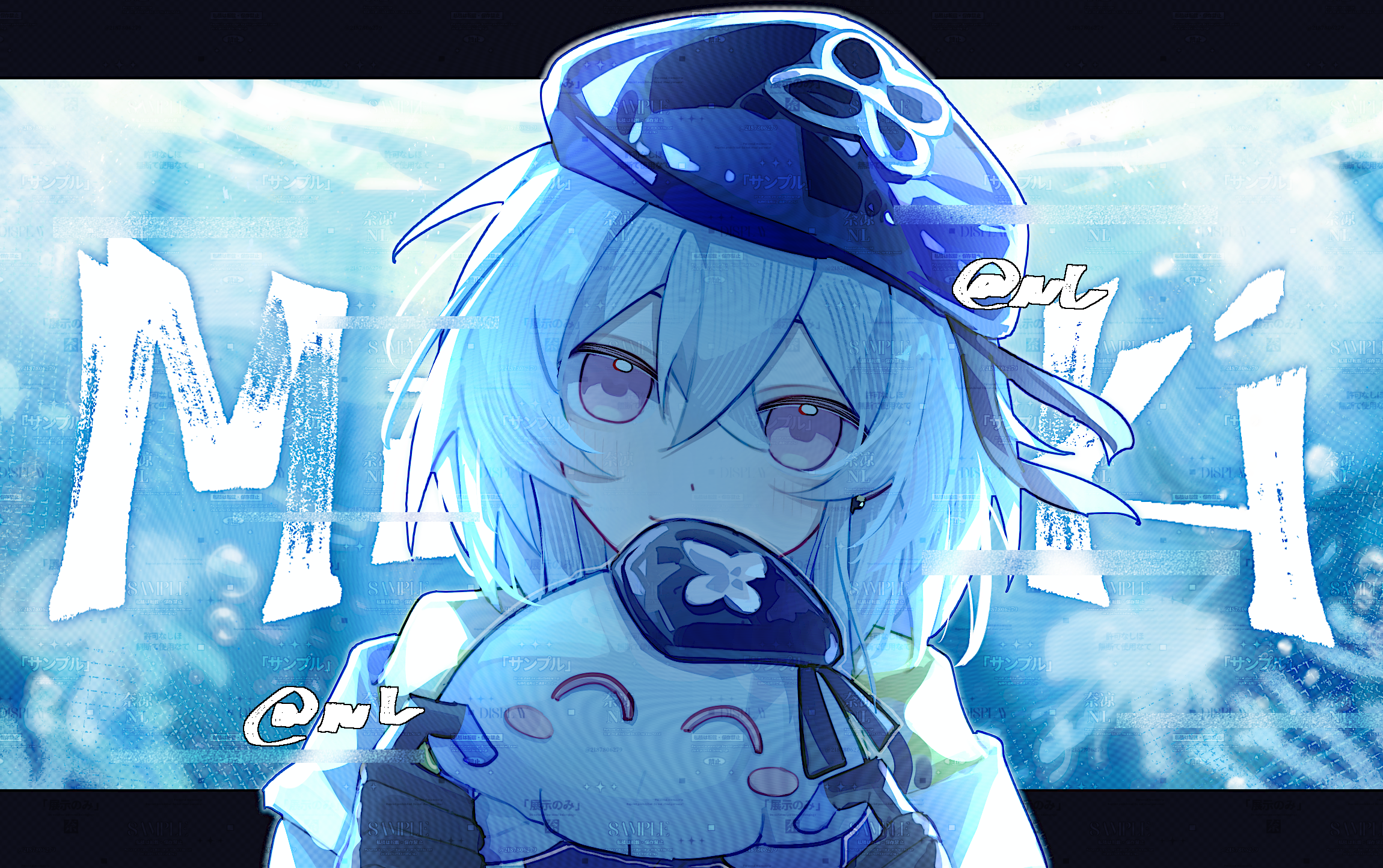 mizuki (arknights), arknights, chinese commentary, commentary request, commission, highres, 1boy, beret, black gloves, blue hair, blue hat, character name, closed mouth, doll, gloves, hat, holding, holding doll, jellyfish, letterboxed, looking at viewer, male focus, nai liang nl, pink eyes