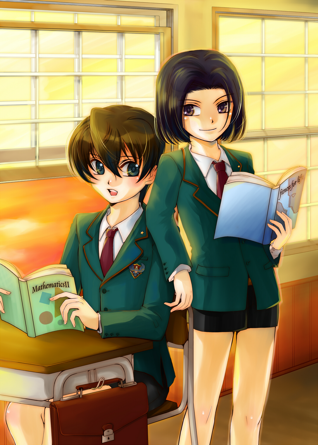 kurokawa, kurokawa (gin no hoshi), kurokawa ako, kujou subaru, taiga shinjirou, sakura taisen, sakura taisen v, highres, 00s, 1boy, 1girl, androgynous, black hair, book, brown eyes, desk, school uniform, serafuku, short hair, skirt