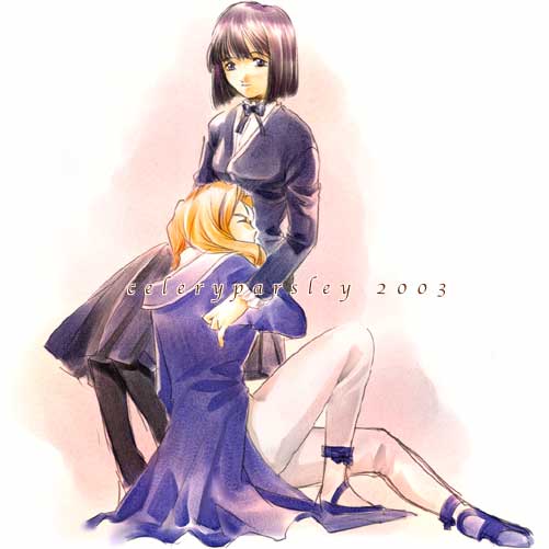 celeryparsley, glycine bleumer, kitaooji hanabi, sakura taisen, sakura taisen iii, sega, 00s, 2girls, black hair, blonde hair, closed eyes, dress, grey eyes, hug, leggings, long hair, multiple girls, pantyhose, short hair, white leggings