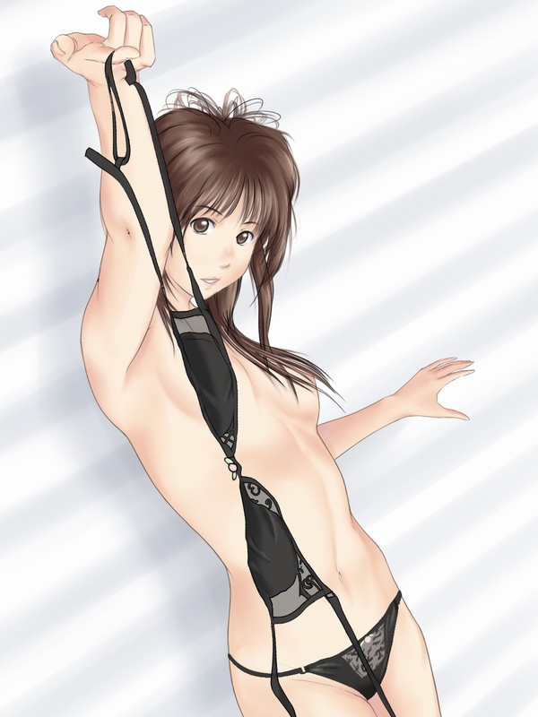 eau, derivative work, 1girl, black panties, bra, breasts, brown eyes, brown hair, female focus, holding, holding bra, holding underwear, holding unworn clothes, lingerie, long hair, panties, solo, topless female, underwear, underwear only