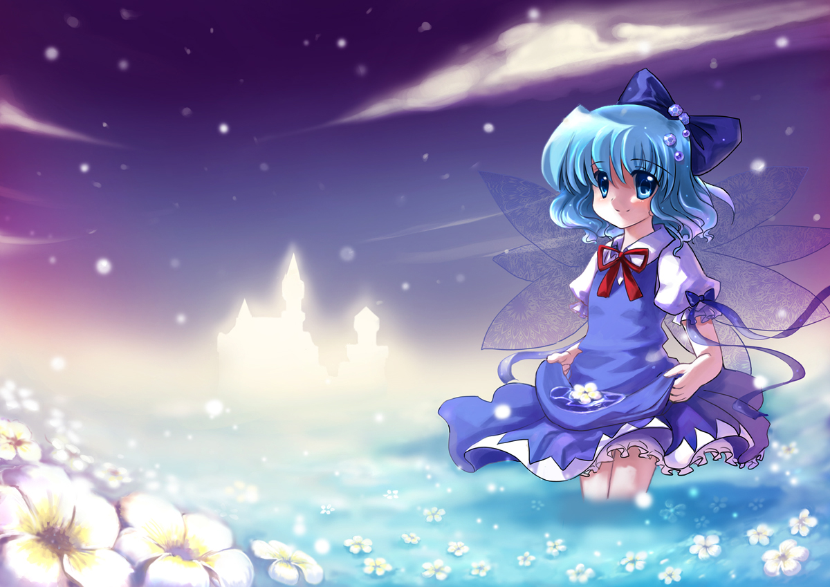 aprilred, cirno, phantasmagoria of flower view, touhou, 1girl, blue hair, bow, cloud, female focus, flower, ribbon, short hair, sky, solo, wings