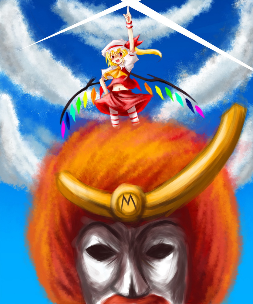 flandre scarlet, ronald mcdonald, simon (ttgl), mcdonald's, tengen toppa gurren lagann, touhou, 1boy, 1girl, afro, cloud, day, hat, kamina pose, lens flare, mob cap, outdoors, parody, pointing, pointing up, skirt, sky, thighhighs, wings